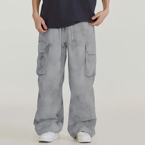 Pantalon cargo gris unisexe, coupe ample, jambe large, taille à cordon, plusieurs poches, style streetwear décontracté, style printemps, longueur intégrale, 100% coton - Product Image 1