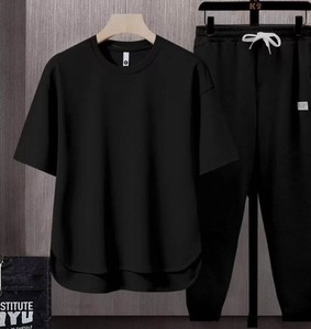 Ensemble deux pièces décontracté pour homme, couleur unie, t-shirt à col rond à manches courtes, pantalon long en tricot respirant, vêtements d'été - Product Image 4