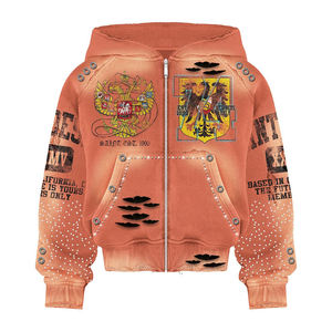 Sudadera con capucha de algodón grueso con lavado ácido para hombre, estilo streetwear, con logo bordado personalizado, efecto desgastado, con cremallera y pedrería - Product Image 2