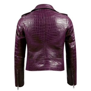 Veste en cuir PU gaufré croco violet pour homme, style motard, col rabattu, fermeture éclair sur le devant, coupe-vent, pour l'automne - Product Image 5