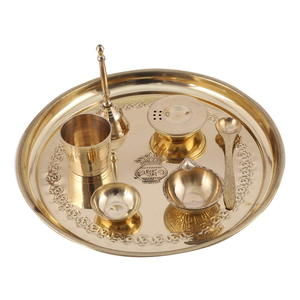 Ensemble de thali de prière traditionnel en laiton fait main pour la maison, avec cloche et cuillère, idéal pour les occasions de mariage - Product Image 1