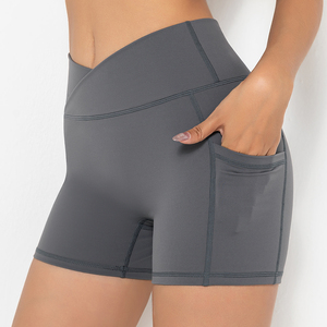 Shorts cyclistes taille haute moulants pour femme avec poches, respirants, séchage rapide, sportifs, bleu uni, en tissu tricoté polyester/spandex, à enfiler - Product Image 4