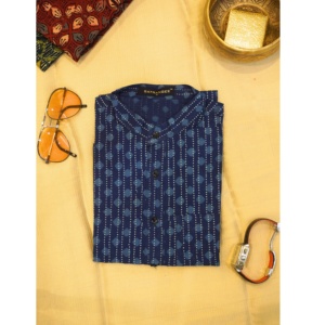 Chemise en coton bleu marine imprimée pour homme, motif plumes et feuilles, manches longues, légère, confortable, décontractée - Product Image 4