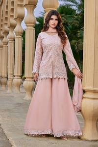 Ensemble Salwar Kameez brodé de créateur, costume Palazzo en Georgette pour mariage et fêtes, pour femmes - Product Image 1