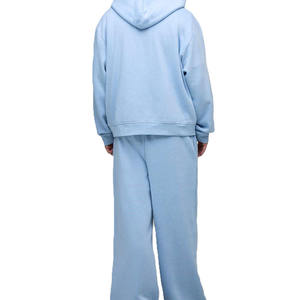 Men's Light Blue Hooded Tracksuit Full Zipper Sweatshirt <b>Jogger</b> <b>Set</b> Casual Loose Fit Solid Color Cotton Autumn Wear - Product Image 3