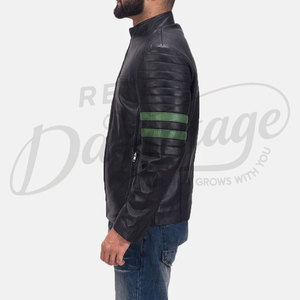 Blouson de motard en cuir noir premium pour homme, en véritable peau de mouton, coupe ajustée, avec rayures vertes, style motard, veste de mode Cafe Racer - Product Image 4