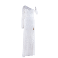 Robe longue élégante blanche à une épaule en dentelle et sequins pour femme |   Robe de soirée à fente haute pour mariage, réception nuptiale, fiançailles, gala