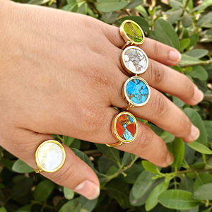 Bague ajustable en laiton plaqué or 18 carats, pierre ronde turquoise bleu orangé, bijoux de créateur modernes et tendance pour la fête des mères - Product Image 6
