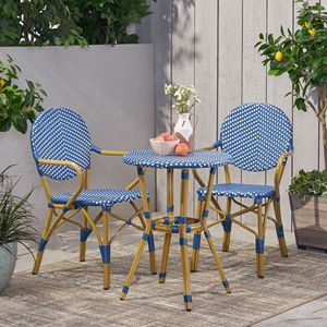 Ensemble bistrot français 3 pièces en rotin PE et aluminium pour extérieur, finition bambou blanc et vert sarcelle foncé, mobilier de patio élégant - Product Image 4