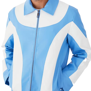 Veste en similicuir PU bleu personnalisée pour homme, style moto, coupe carrée, avec fermeture éclair et blocs de couleur, collection automne - Product Image 1