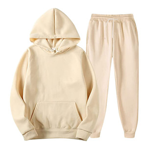 Ensemble de survêtement pour homme en coton, couleur unie, avec sweat à capuche crème à manches longues et pantalon à cordon de serrage, coupe droite, pour tenue décontractée d'automne - Product Image 1