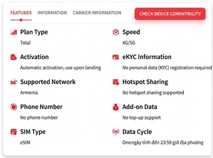 Carte SIM électronique Arménie 3 Go 5 Go 10 Go, forfait de données de voyage 30 jours, internet 4G/5G, code QR, livraison instantanée par e-mail - Product Image 2