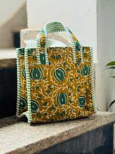 Sac fourre-tout en coton matelassé bohème avec motif floral vert, poignées rayées, fermeture éclair, toutes saisons, sac de plage pour femmes, sac de shopping - Product Image 1