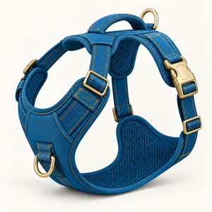 Harnais pour chien bleu anti-évasion, réglable, en sangle résistante avec poignée rembourrée et laisse pour la promenade - Product Image 1