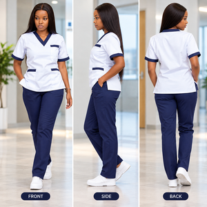 Ensemble d'uniformes médicaux unisexes à manches courtes, haut col en V et pantalon bleu marine, en tissu polyester tissé, avec détection d'aiguilles, sans coutures, pour hôpital - Product Image 3