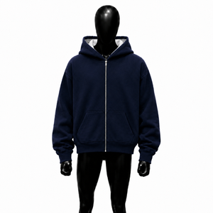 Men's Navy Blue <b>Zip</b>-Up <b>Hoodie</b> Regular Fit Fleece Cotton Casual Hooded Sweatshirt Solid Color <b>Pocket</b> Design Autumn Wear Cotton - Product Image 1