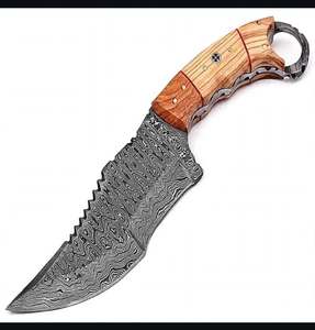 Handcrafted Damascus Steel Ring Grip Tracker Utility Knife Olive <b>Wood</b> Handle Sawback Spine Field <b>Tool</b> - Product Image 5