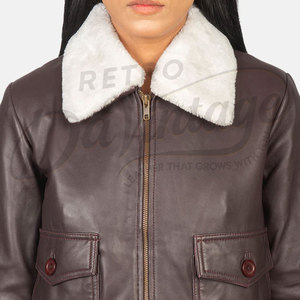 Chaqueta Bomber de Cuero Genuino Marrón Borgoña para Mujer, con Cuello de Piel Sintética Blanca, Corte Ajustado, Piel de Oveja Premium, Chaqueta de Piloto para Invierno - Product Image 1
