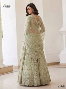 Vêtements ethniques pour femmes, tenue de soirée, lehenga, broderie papillon en filet, filet intérieur en soie Banjori, bordure en dentelle, lourdement orné. - Product Image 2
