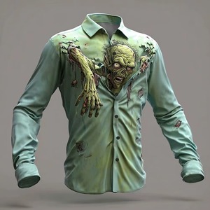Camiseta de Halloween para Hombre, Estilo Horror, Sublimada, con Botones, Manga Larga, Gótica, Verde, Poliéster, Corte Regular, Personalizada, Digital - Product Image 1