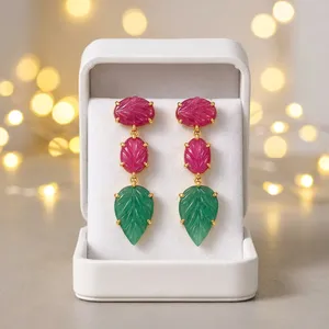 Pendientes Colgantes de Moda con Diseño de Hoja Tallada, de Jade Rosa y Verde Natural, Chapados en Oro de 18k, de Latón Antideslustre, Románticos para Fiesta - Product Image 4