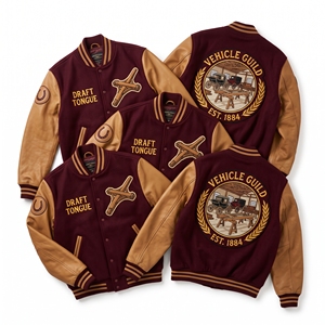 ผู้จัดจำหน่ายเสื้อผ้า เสื้อแจ็คเก็ต Varsity Letterman แขนหนัง ผ้าขนสัตว์ ปักลาย Topiary แบบเป็นทางการ ปักลายเรขาคณิต ปักลาย Yew สีน้ำตาล - Product Image 3