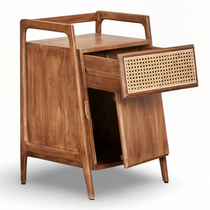 Table de chevet moderne en bois avec tiroir en rotin tressé, design mid-century, meuble de chambre à coucher, table de chevet à un seul tiroir - Product Image 4