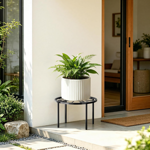 Support de plante rond en métal orné avec un design à motifs roulants, support de pot de fleurs décoratif autoportant pour la maison, le balcon, la terrasse - Product Image 4