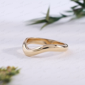 Classic Solid Yellow Gold Curved Wedding Band Modern Chevron Wave <b>Ring</b> <b>Plain</b> Stackable Promise Customizable Fine Jewelry Gift - Product Image 2