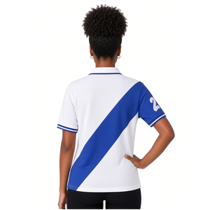 Zeta Phi Beta <b>Women</b> Premium Pique <b>Polo</b> Shirt White Royal Blue Diagonal Panel Embroidered Crest Sleeve Number Button Placket - Product Image 4