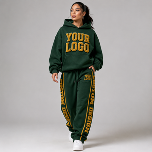 Conjunto Deportivo Personalizado para Mujer con Bordado, Sudadera Verde con Capucha y Pantalones con Cordón, Corte Holgado, Ropa Casual de Otoño - Product Image 1