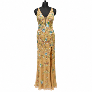 Multicolor Floral Evening Dress Deep V Neck Sleeveless Sheath | Gold Floor Length Botanical <b>Sequin</b> Side Slit Formal Party Dress - Product Image 1