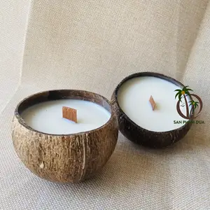 Cocco portacandele/candela di cocco cera di soia DESIGN decorativo fornitore di LOGO IN VIETNAM profumato candela di cocco cera stoppino IN legno