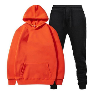 Ensemble de survêtement unisexe en coton couleur unie avec sweat-shirt à capuche orange et pantalon de survêtement noir, coupe décontractée, longueur intégrale, pour l'automne - Product Image 1