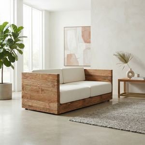 Sofá doble de madera premium, tipo cubo, de 2 plazas, minimalista, moderno, de teca, con cojín cómodo, para decoración de sala de estar. - Product Image 2