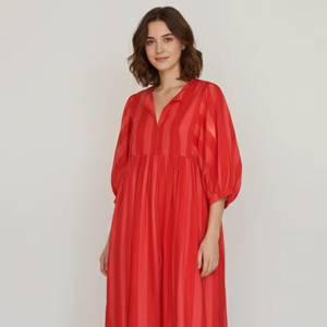 เดรสสั้นผ้าฝ้ายพิมพ์ลายบล็อกสีแดงสำหรับผู้หญิง สไตล์โบโฮ ทรงปกติ เอวธรรมชาติ แขนพอง ใส่สบายๆ สำหรับฤดูร้อน ทรงเอไลน์ - Product Image 1