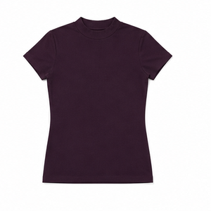 เสื้อยืดคอกลมแขนสั้นทรงเข้ารูปสำหรับผู้หญิง สีพลัมเข้ม ผ้าคอตตอนเจอร์ซีย์เนื้อนุ่ม - Product Image 6