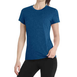T-shirt décontracté pour femme, col rond, manches courtes, couleur unie, coupe classique, tricoté, respirant, toutes saisons, bleu - Product Image 4