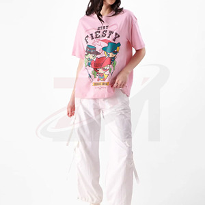Camiseta Rosa para Mujer con Estampado de Dibujos Animados, Cuello Redondo, Manga Corta, Corte Holgado, Informal, 100% Algodón Jersey, Transpirable, para Primavera/Verano - Product Image 5