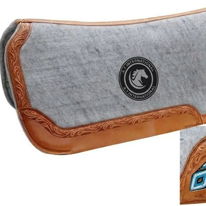 Beige Color Woolen Western Equestrian Hand <b>Tooled</b> Carved <b>Leather</b> Cutback Felt <b>Work</b> Horse Saddle Pad - Product Image 1