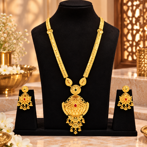Elegante Conjunto de Collar Largo de Cobre y Latón con Baño de Oro de 24K, Pendientes con Colgante de Abanico, Joyería Nupcial India para Mujer - Product Image 1