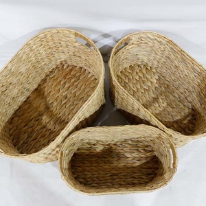 Natural Water Hyacinth <b>Storage</b> <b>Baskets</b> Oval With Handles Rustic Multi-Purpose Neatening <b>Basket</b> Set - Product Image 4