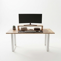 Bureau d'ordinateur moderne en bois massif avec support d'écran surélevé, étagère et cadre en métal blanc en U, table d'écriture ergonomique pour l'étude