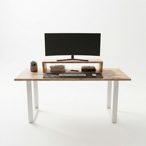 Modern Solid Wood Office Desk Raised <b>Monitor</b> <b>Stand</b> Shelf White Metal U Shaped Frame Ergonomic Writing Computer Study Table - Product Image 2