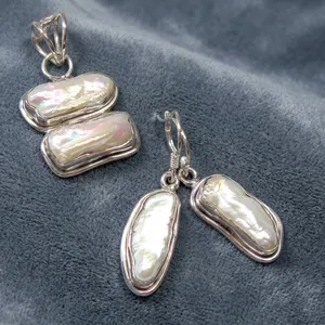 Biwa Pearl 925 Sterling Silver Fashion Pendant Earrings Jewelry Set With Elegant Handmade Design For Women Everyday Wear - Product Image 2