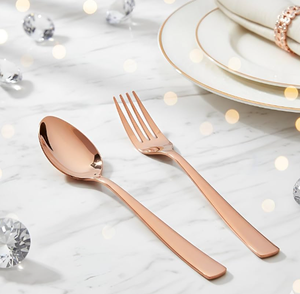 Ensemble de couverts modernes en or rose, finition mate, en acier inoxydable cuivré, vaisselle de mariage - Product Image 2