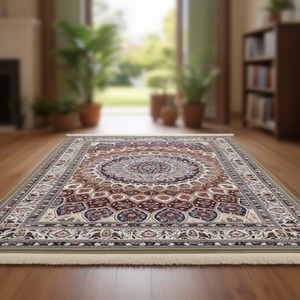 Tapis/Carpette 8x12FT en polyester doux à poils ras, fabriqué à la machine, motif médaillon oriental, avec envers en caoutchouc, durable, pour salon domestique - Product Image 3