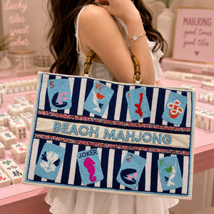 Bolso de playa Mahjong, último modelo, hecho a mano con cuentas, tamaño XXL, con asa de bambú, extra grande, moderno, para mujer. - Product Image 1