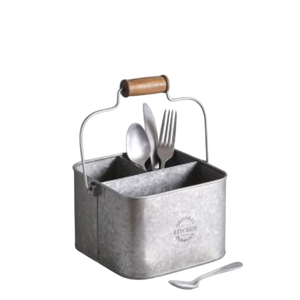 Porte-ustensiles vintage en métal galvanisé avec poignée en bois, organiseur de couverts pour la cuisine, pour la maison et l'hôtellerie - Product Image 1