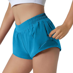 Teal Blue Women Gym Shorts High Waist Polyester Workout Shorts Side Zipper Pocket Hidden <b>Drawstring</b> Breathable Yoga Shorts - Product Image 2